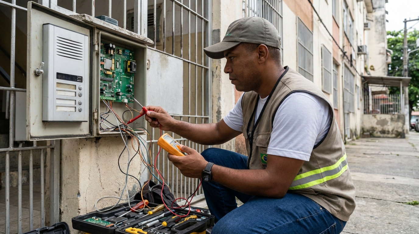 Eletricista consertando interfone em Aracaju‑SE