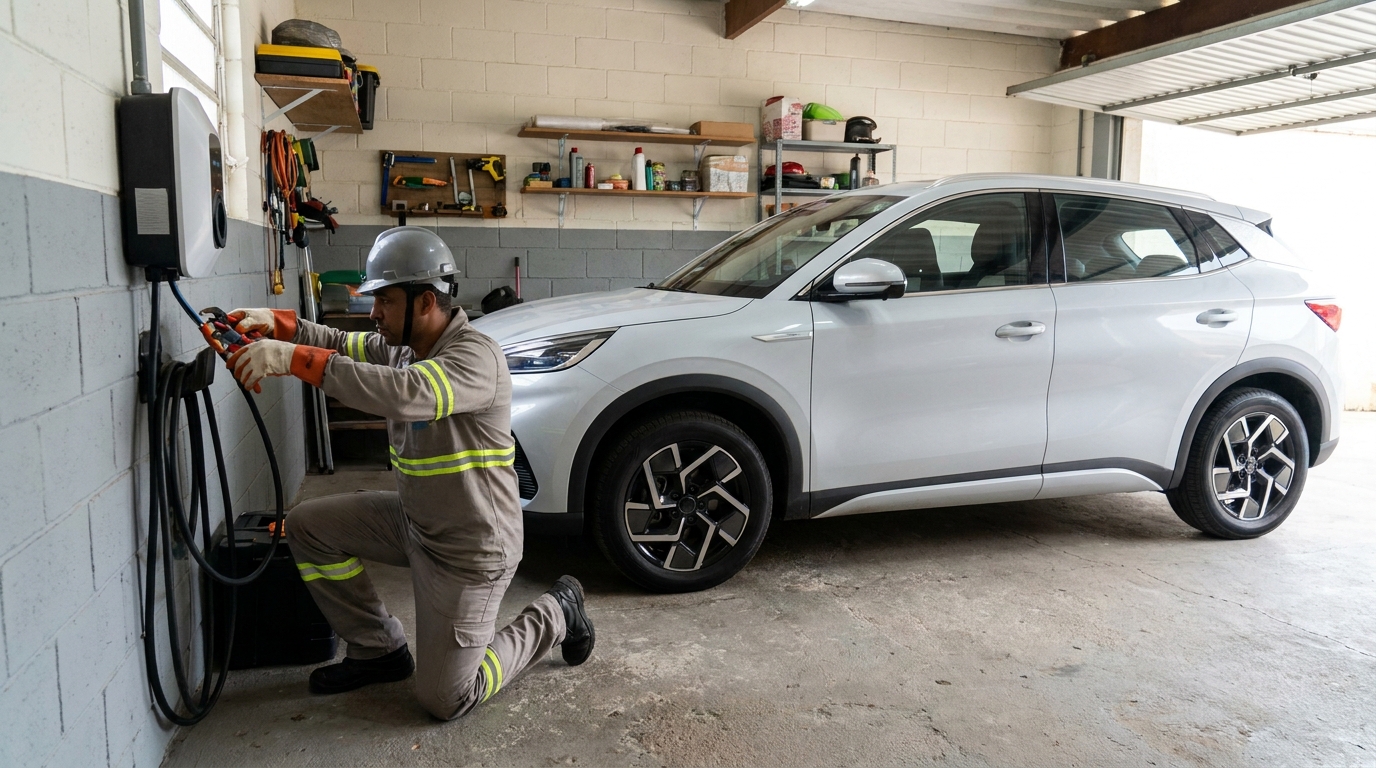 Eletricista instalando carregador de carro eletrico em Aracaju‑SE