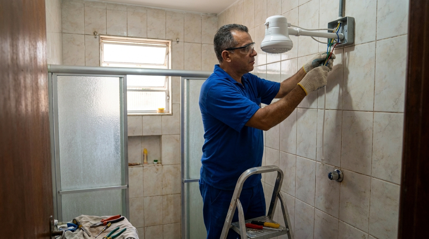 Eletricista instalando chuveiro eletrico em Aracaju‑SE