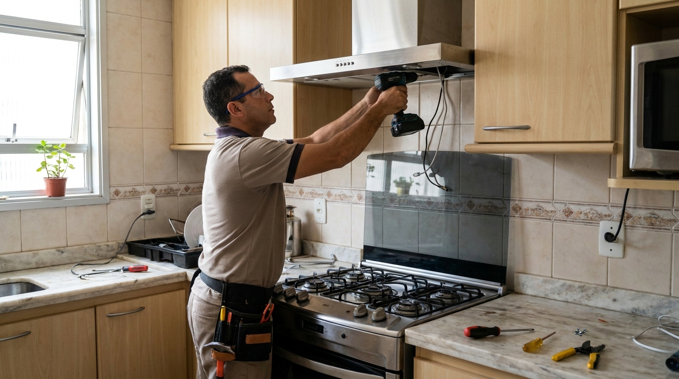 Eletricista instalando coifa em Aracaju‑SE