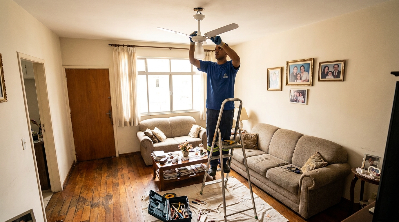Eletricista instalando ventilador de teto em Aracaju‑SE